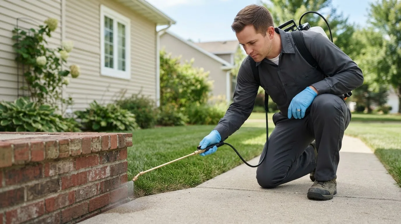 Pest control technician treating a home near South Barre, VT